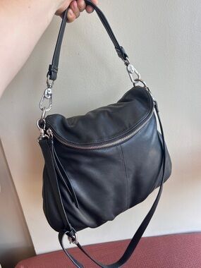 Margot New York Black Leather Convertible Hobo Shoulder Crossbody Bag